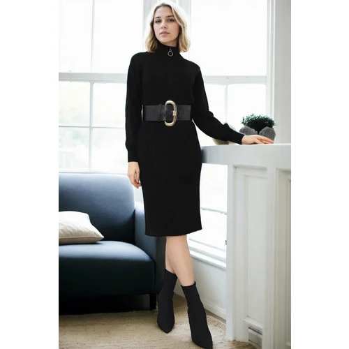 Dewberry 92522 Long Knit Women Dress (Belt Not Included)-BLACK