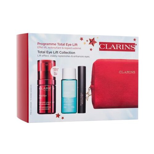 Clarins Total Eye Lift Collection set: krema za okoli oči Total Eye Lift 15 ml + odstranjevalec ličil za oči Instant Eye Make-Up Remover 30 ml + maskara Wonder Perfect Mascara 4D 3 ml 01 Perfect Black + rdeča kozmetična torbica za ženske Cene