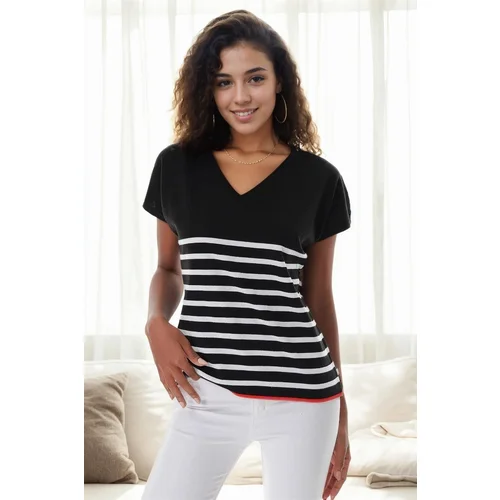 Dewberry 92125 Striped Marine Short Sleeve Knitwear T-shirt-BLACK