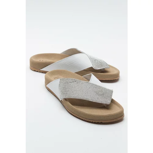 LuviShoes BEEN Women's White Stone Leather Flip Flops