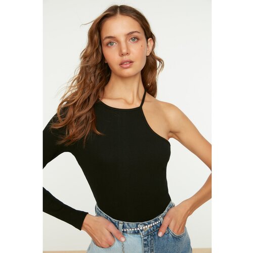 Trendyol Black One Shoulder Corduroy Crop Knitted Blouse Slike