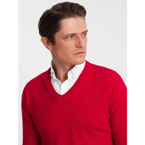 Ombre Men's sweater with a "v-neck" neckline with a shirt collar - red Cene