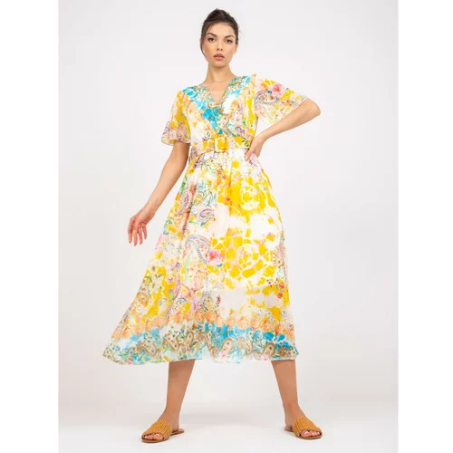 Fashion Hunters Yellow midi dress with prints and an envelope neckline