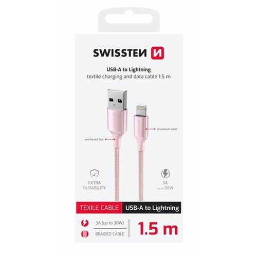 Swissten kabel USB/Lightning TEXTILE II, 3A, 480 Mb/s, 1,5m rozi Cijene