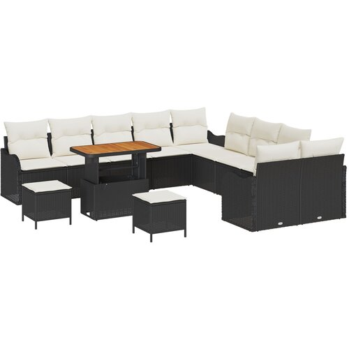 VidaXL Set od 13 komada vrtnih sofa s jastucima Crni Poli ratan Akacija, 2-sjedalna vrtna sofa s odlaganjem i jastucima Crni Poli ratan, Set od 3 komada vrtne blagovaonice s jastucima Crni Poli ratan Akacija Slike