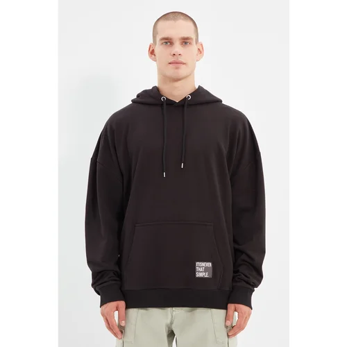 Trendyol Black Men's Hoodie Oversize Slogan Label Sweatshirt