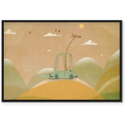  Slika - Dreamy Traveler - A Cheerful Giraffe Driving a Car on a Sunny Day 120x80 U crnom drvenom okviru Slike