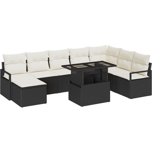 VidaXL 9-dijelni set za vrt s jastučićima crni poli ratan, 2-sjedna vrtna sofa s pohranom i jastučićima crni poli ratan Slike