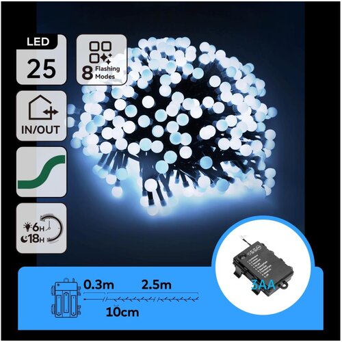 Aigostar LED spoljni božićni lanac 25xLED/8 funkcija 3xAA 2,8m IP44 hladno-bela Cene