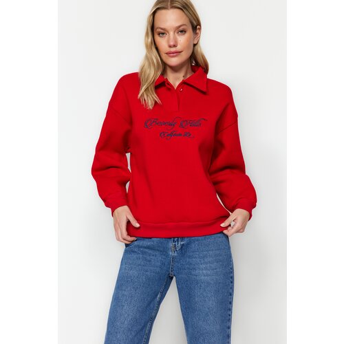 Trendyol Red Shirt Collar Regular Fit With Embroidery Fleece Inside Knitted Sweatshirt Slike