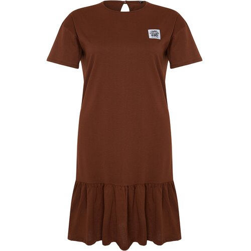 Trendyol Curve Brown Skirt Ruffled Label Detailed 100% Cotton Knitted Plus Size T-shirt Dress Cene