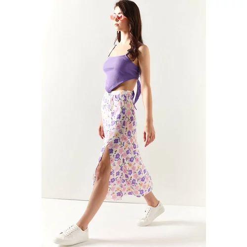 Olalook Women's Lilac Powder Slit Patterned Midi Skirt