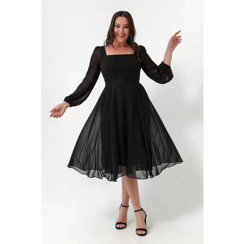 Lafaba Women's Black Square Neck Belted Midi Chiffon Plus Size Evening Dress.