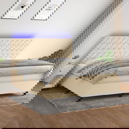  The Living Store Box spring postelja z vzmetnico LED krem 160x200 cm blago - Box Spring Postelja, (21450224) Slike