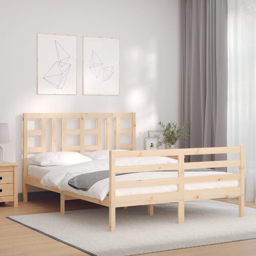  The Living Store Posteljni okvir z vzglavjem 140x190 cm trden les - Posteljni Okvir, (21454070) Slike