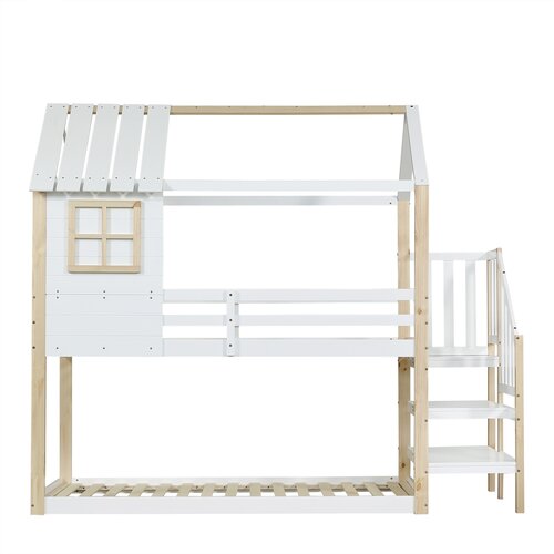 Möbrio Dvonadstropna postelja iz masivnega lesa - 90x200 cm - z oknom in stopniščem - bela, (22060431) Cene