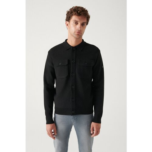 Avva Men's Black Woolen Chest Pocket Buttoned Polo Collar Standard Fit Normal Cut Cardigan Coat Slike
