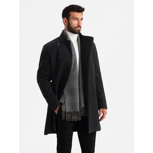 Ombre Men's coat with high collar and asymmetrical fastening - black Slike