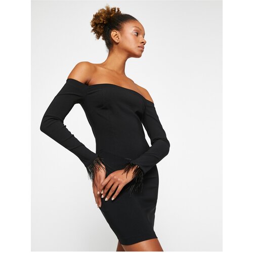 Koton Mini Dress Open Shoulder Sleeves Feather Detailed Cene