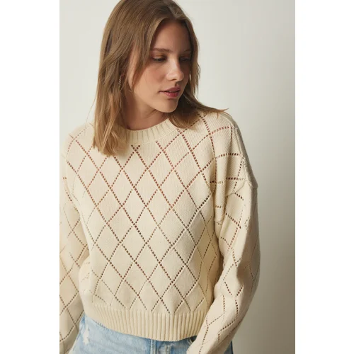  Women's Cream Diamond Patterned Openwork Knitwear Sweater