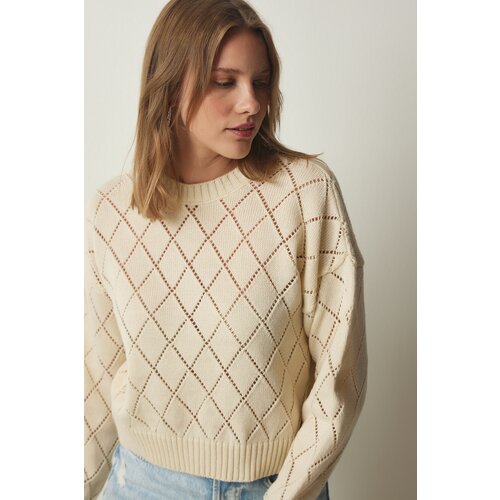  Women&amp;#039;s Cream Diamond Patterned Openwork Knitwear Sweater Slike