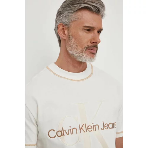 Calvin Klein Jeans Bombažna kratka majica moški, bež barva