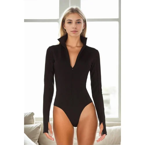 Dewberry 61873 Jersey Bodysuit with Snap Zipper Detail-BLACK