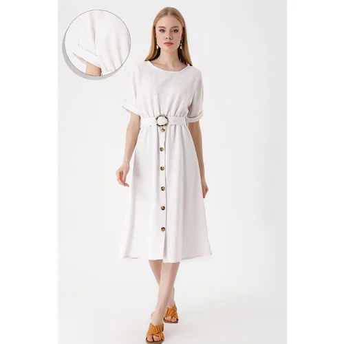 Bigdart 2389 Belted Linen Dress - Ecru