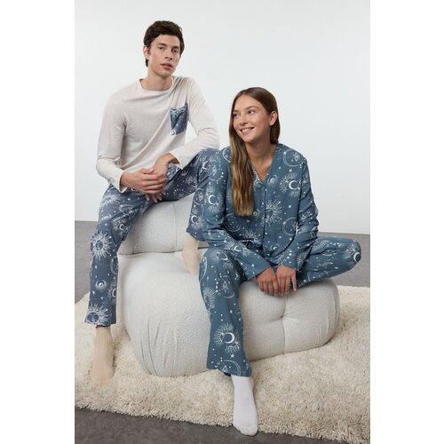 Trendyol Men's Gray - Blue Regular Fit Couple Knitted Pajama Set Slike