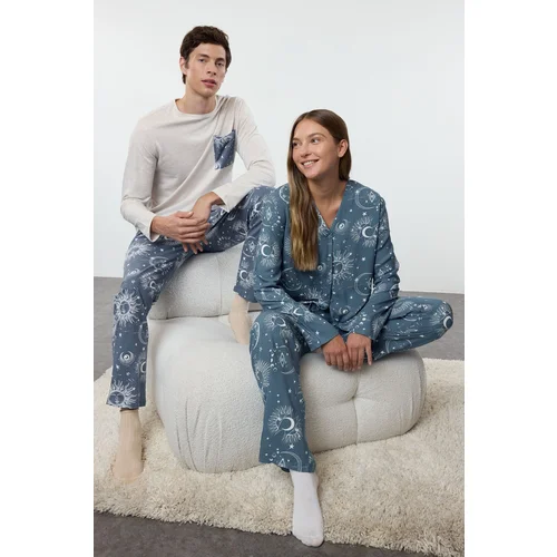 Trendyol Men's Gray - Blue Regular Fit Couple Knitted Pajama Set