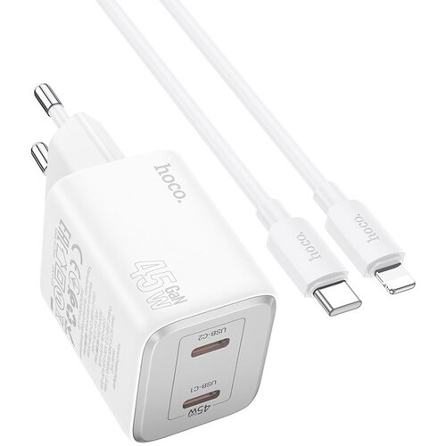 Hoco adapter (kućni punjač) N42 2 x type c + kabl type c na lightning pd qc 45W gan beli Cene