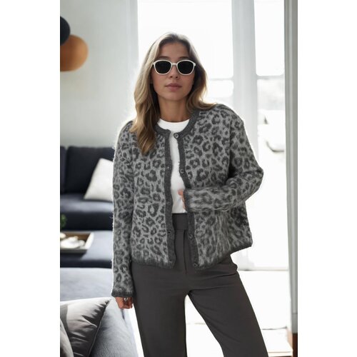 Dewberry 61353 Leopard Patterned Cardigan-ANTHRACITE Slike