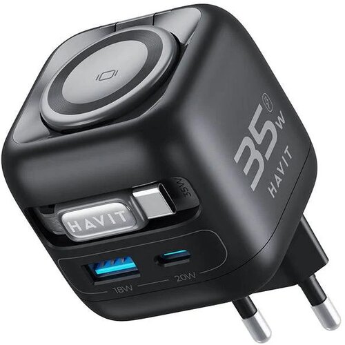 Havit UC250 A-EU - GaN travel charger with extendable cable (black) Slike