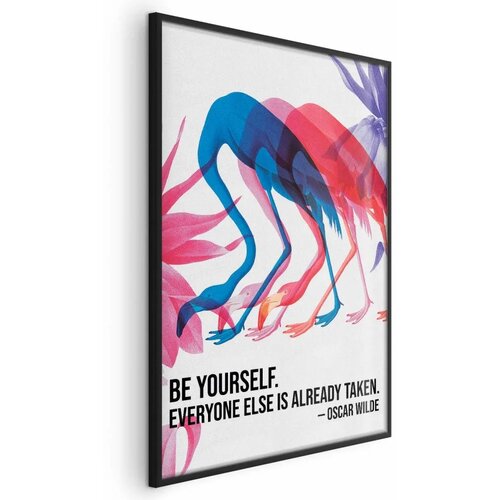  Plakat - Colorful Repetition - three flamingo silhouettes with an inspiring quote 60x90 Crni okvir Cijene