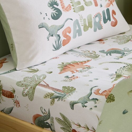 Catherine Lansfield Krem flanelska dječja plahta s gumom za krevet za jednu osobu 90x190 cm Brushed Sleepy Saurus Dino &amp;ndash; Slike