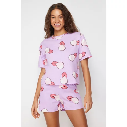 Trendyol Lilac 100% Cotton Lip Printed Knitted Pajamas Set