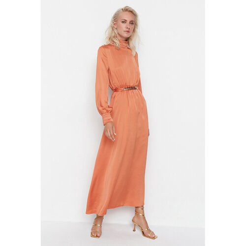 Trendyol Orange Belted Collar and Cuff Draped Detailed Woven Hijab Evening Dress Slike