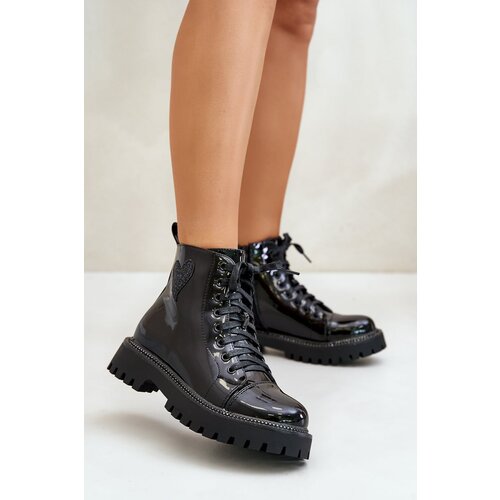 Kesi Lacquered women's ankle boots with a zipper with a decorative heart black Obeena Cene