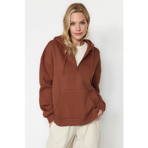 Trendyol Brown Thick Fleece Hooded Zippered Basic Oversized Knitted Sweatshirt