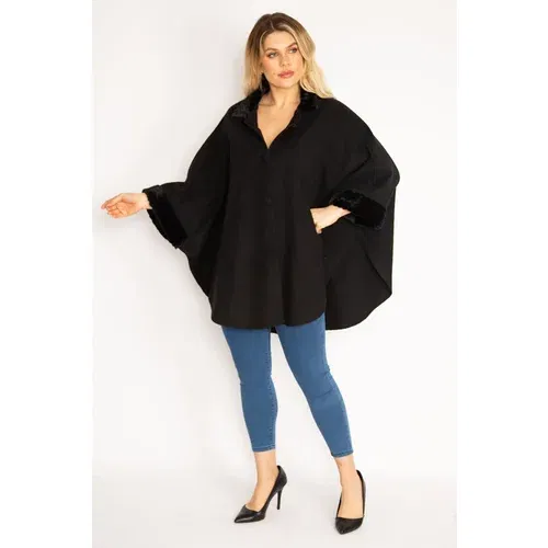 Şans Women's Plus Size Black Collar And Arm Mouth Faux Für Cachet Fabric Poncho