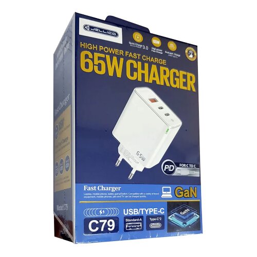 Jellico hi&amp;scaron;ni polnilec adapter C79 220V Gun Quick Charge PD 65W vhod 1x USB A in 2x Type C - s kablom Type C - Type C 3.0 bel Slike