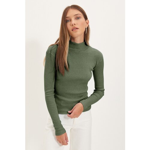 Trendyol Khaki Fitted/Body-Sit Stand Collar Long Sleeve Elastic Ribbed Knitted Blouse Slike