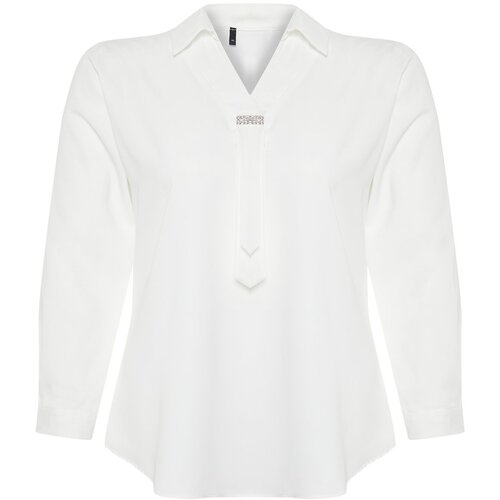 Trendyol Curve White Woven Plus Size Stone Shirt Collar Blouse Slike