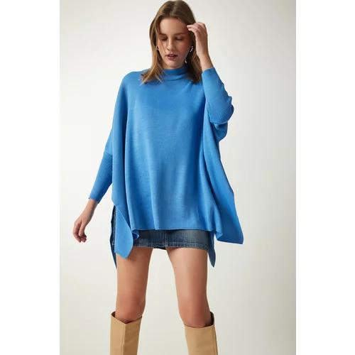 Happiness İstanbul Women's Indigo Blue Side Slit Oversize Poncho Sweater