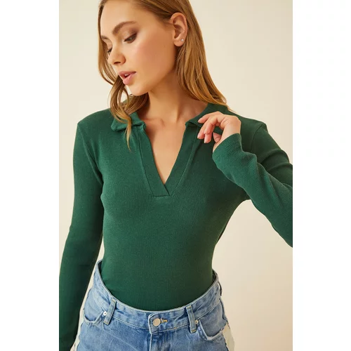 Happiness İstanbul Women's Green Polo Neck Corduroy Knitted Blouse