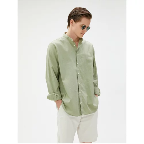 Koton Linen-Mixed Shirt with a Large Collar Pocket Detailed Buttons, Long Sleeved.