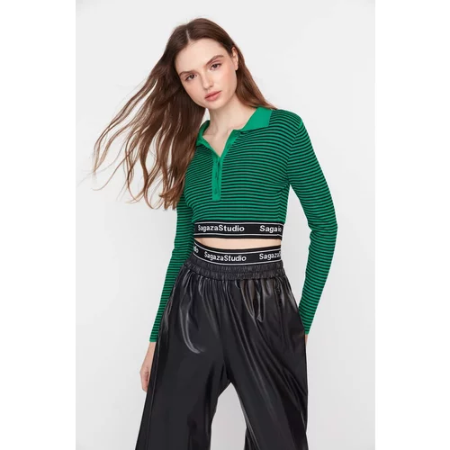 Trendyol X Sagaza Studio Green-Black Striped Elastic Detailed Crop Knitwear Blouse
