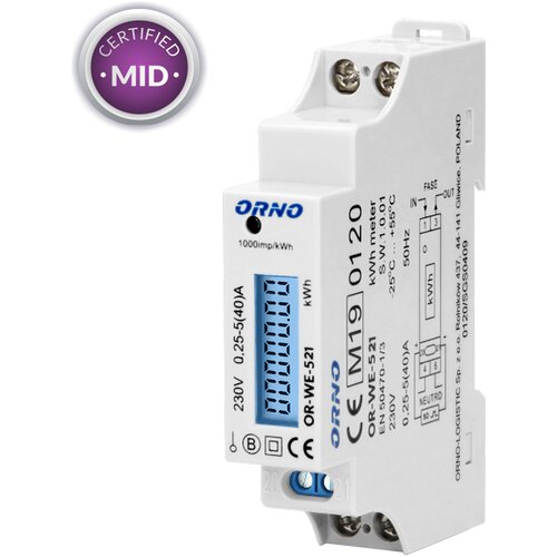 Orno LCD monofazni merač potrošnje 40A za DIN šinu 1P 1000imp/kWh IP51 MID OR-WE-521 Cene