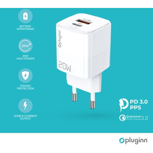 Kućni punjač pluginn PI-D73, QC3.0 PD3.0, pps, usb-pd 18W+20W, 38W (total) sa pd iphone lightning kablom beli Cene