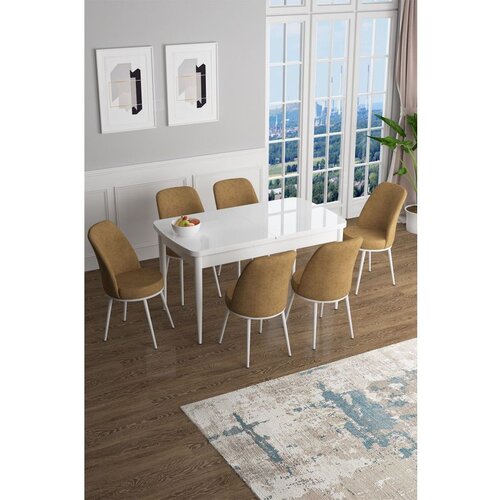 Hanah home Han - White, Cappuccino WhiteCappuccino Extendable Dining Table & Chairs Set (7 Pieces) Cene